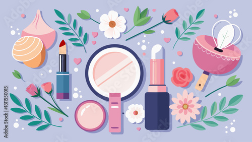 A colorful image of makeup and beauty products, including a mirror, with a flowery background. Concept of fun and playfulness, as well as the idea of self-expression and creativity through makeup