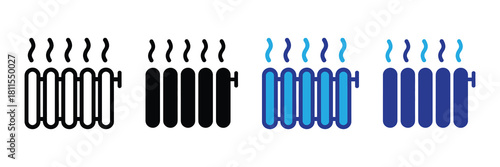 Set of four radiator icons showing heat emission and different styles: outline, solid black, blue and white fill, and solid blue, representing heating and climate control.