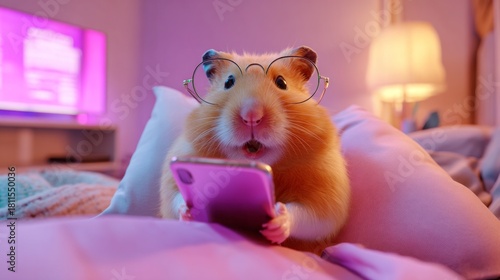 A cute hamster wearing glasses holds a smartphone, looking surprised while snuggled among fluffy pillows. The warm lighting sets a playful and cozy atmosphere, perfect for evening fun