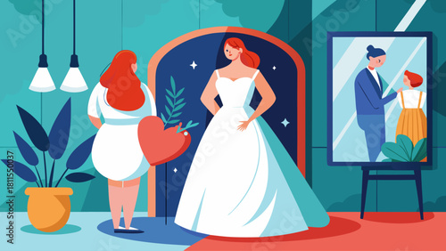 A woman in a white dress is holding a heart in her hand. A man is standing in front of a mirror, getting ready to dress a woman in a white dress
