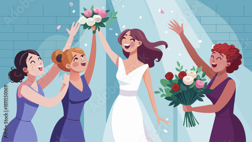 A bride is surrounded by her bridesmaids, all of them holding flowers. The bride is smiling and the bridesmaids are cheering her on. Scene is joyful and celebratory