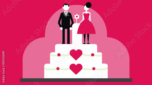 A couple is getting married and the bride is wearing a red dress. The wedding cake is decorated with hearts and the couple is standing on top of it