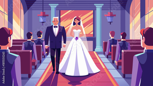 A bride and groom are walking down the aisle in a church. The bride is wearing a white dress and the groom is wearing a suit. There are several other people in the church
