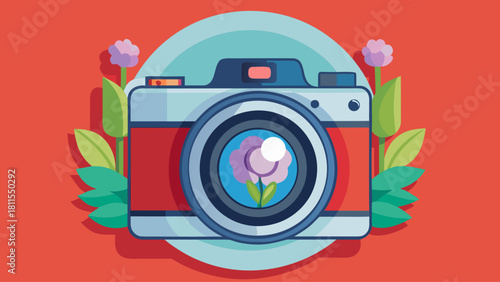 A red and white camera with a flower on the lens. The flower is surrounded by green leaves