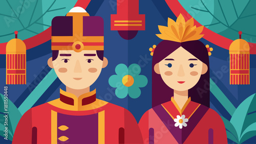 A couple dressed in traditional clothing with a flower in the background. The man is wearing a red outfit and the woman is wearing a purple outfit