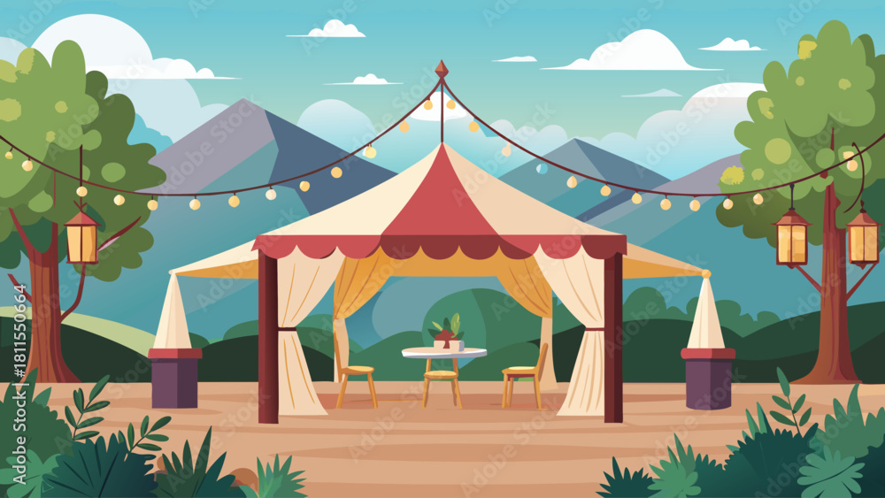 Naklejka premium A tent is set up in a forest with a table and chairs. The tent is decorated with red and white fabric