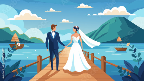 A couple is walking on a pier by the water. The bride is wearing a white dress and the groom is wearing a suit. The scene is set in a beautiful, serene environment with mountains in the background