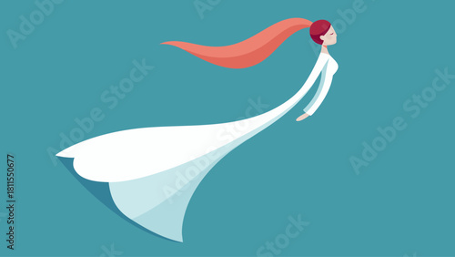 A woman in a white dress is flying through the air. The dress is long and flowing, and the woman's hair is red. The image has a dreamy, ethereal quality to it, as if the woman is floating on air