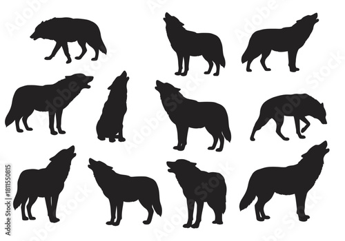 Silhouette Pack Majestic Wolves Howling in the Wild - Vector Illustration