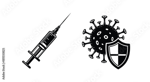 Coronavirus vaccine illustration with syringe and virus particle depiction