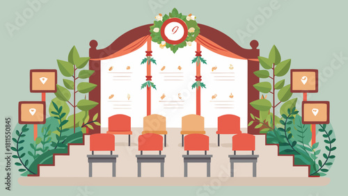 A wedding reception is being held in a large room with a green and white theme. The room is decorated with a large arch and a large clock. There are many chairs arranged around the room