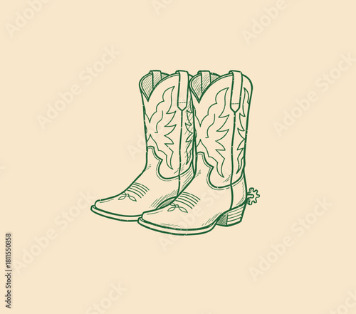 Vintage Cowboy Boots Sketch.Western Footwear Illustration.Hand drawn Rodeo Boots.Retro Engraving Boots Design.Wild West Shoes Outline
