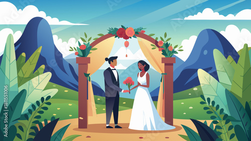 A couple is getting married in a beautiful outdoor setting with mountains in the background. The bride is wearing a white dress and the groom is wearing a suit. They are standing under a canopy