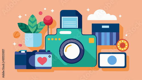 A colorful image of a camera and other items, including a heart, a potted plant, and a basketball. Concept of creativity and fun, with the various items arranged in a playful and whimsical way