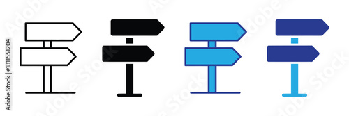 Set of four directional signpost icons in outline, black, blue, and dark blue on a white background, representing choices and navigation.