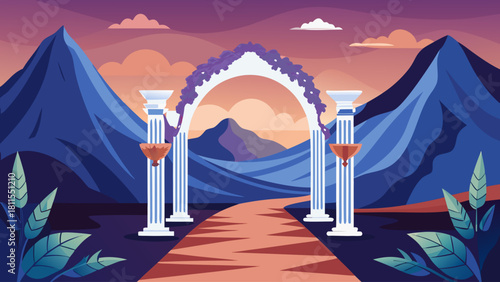 A mountain range with a white archway in the middle. The archway is decorated with flowers and vines