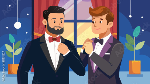 Two men in suits are getting ready for a formal event. One of them is adjusting his tie while the other is helping him. The scene is set in a room with a window and a potted plant