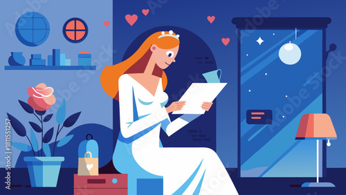 A woman is sitting in a room reading a book. The room is decorated with a potted plant and a vase. The woman is wearing a white dress and a tiara. Scene is romantic and cozy