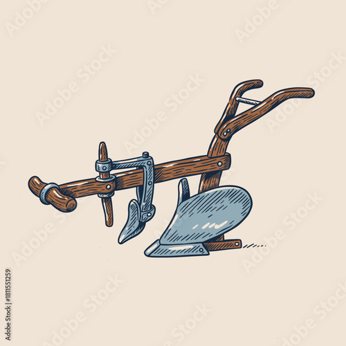 Vintage Hand Plow Illustration.Old Farm Tool Vector.Retro Wooden Plough Design.Engraved Style Cultivator.Agricultural Equipment Sketch