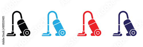 Set of colorful vacuum cleaner icons on a white background for cleaning services, home appliance, and household chores illustration.