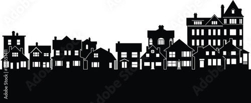 Urban building silhouette, city skyline vector, architectural diversity, townscape illustration, residential and commercial structures, flat black vector art