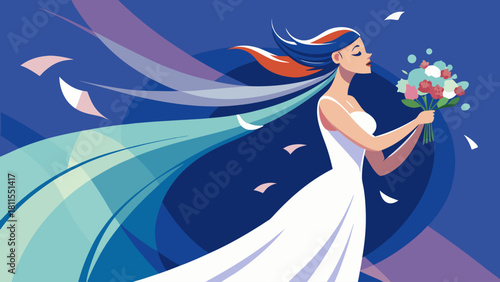 A woman in a white dress is holding a bouquet of flowers. The image has a dreamy, romantic feel to it