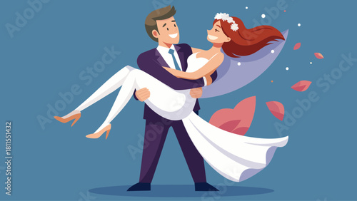 A man is holding a woman in his arms. The woman is wearing a white dress. The image is of a wedding