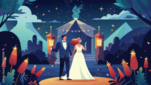 A couple is standing in front of a tent in a forest. The man is wearing a suit and tie, and the woman is wearing a white dress