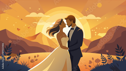 A couple is standing in a field with mountains in the background. The man is wearing a suit and the woman is wearing a wedding dress