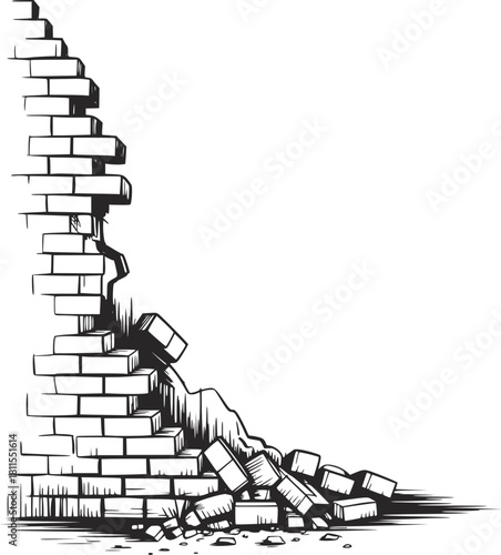 Broken Brick Wall Illustration with Falling Bricks