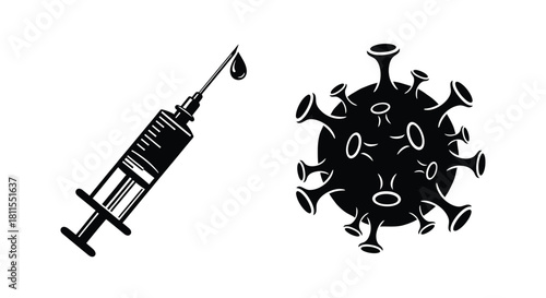 Syringe and coronavirus illustration representing vaccination against the infectious disease
