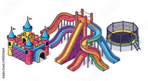 Bright 2D flat vector illustration of a playful kids amusement park area featuring a colorful inflatable castle, thrilling slides, and a large trampoline.