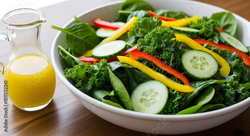 Fresh and vibrant salad with mixed greens, crisp cucumbers, sweet bell peppers, and a tangy vinaigrette dressing