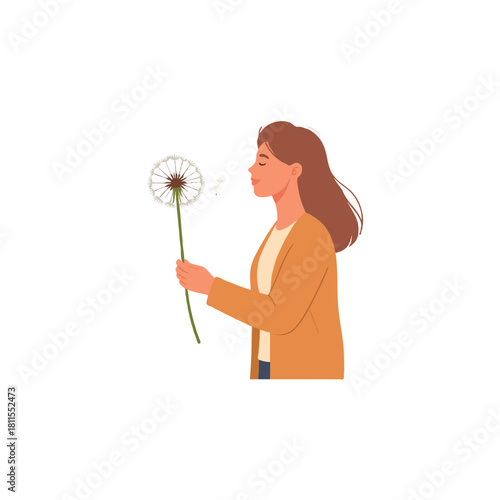 A girl blowing dandelion seeds expressing a free and carefree spirit and embracing nature's gentle
