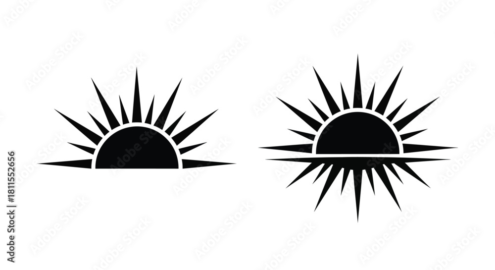 Fototapeta premium Black and white illustration depicting two stylized half sun or sunrise symbols