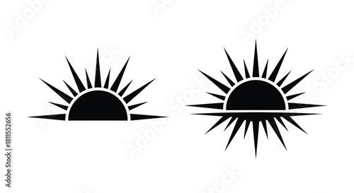 Black and white illustration depicting two stylized half sun or sunrise symbols