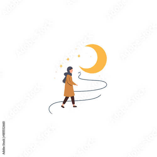 A Peaceful Journey: Woman Walking towards the Crescent Moon Under a Starry Sky in serenity concept