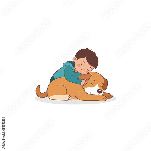 A tender moment of friendship and comfort: A boy finds solace in his loyal canine companion