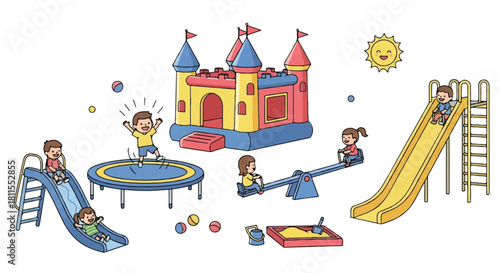 Joyful children's playground equipment, including a colorful bouncy house, trampoline, seesaw, and slides, presented as a flat 2D vector illustration on a clean white background.