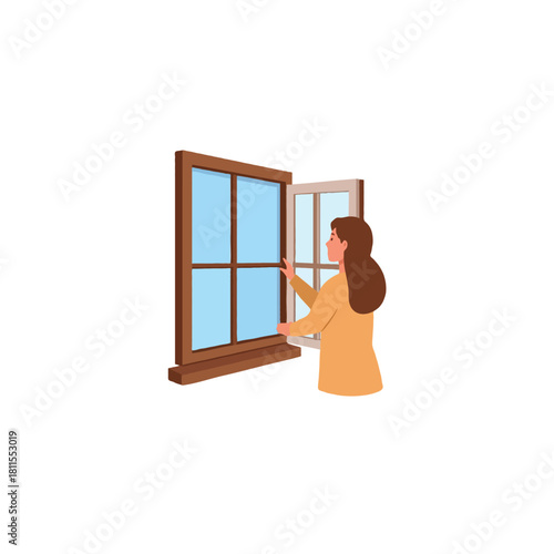 A young woman opening a window to let fresh air in her house to refresh her living space enjoying