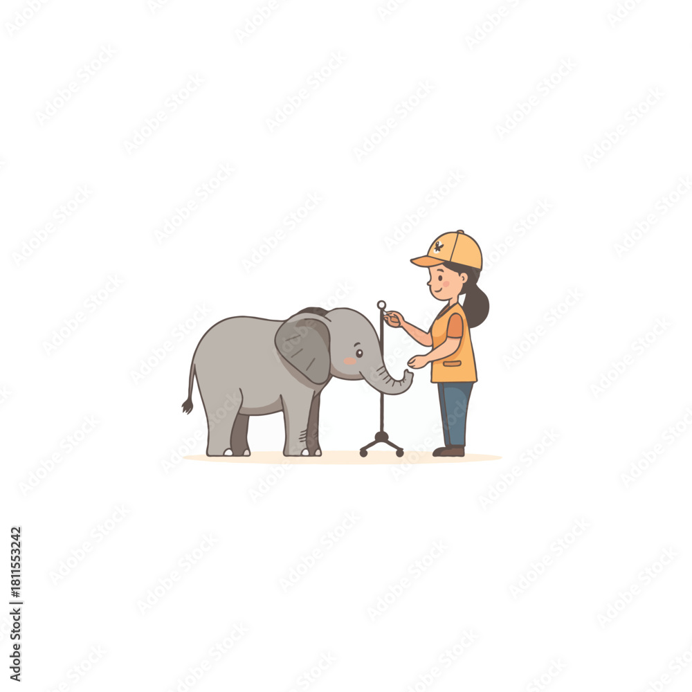 Obraz premium Adorable cartoon depiction of friendship showing a girl measures elephant with stand in whimsical