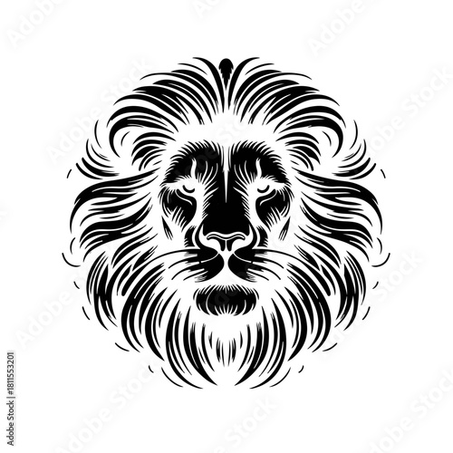 Wild animal vector illustration: tribal black silhouette of a lion head for logo design or powerful tattoo art