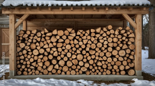 Snow-dusted firewood arranged beside a cozy house.