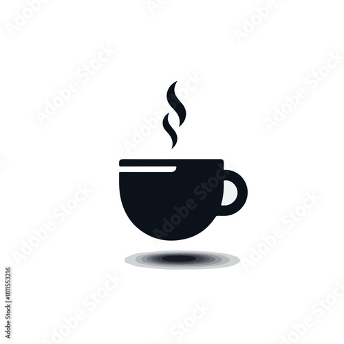 Black coffee icon vector sign in brown cup and saucer with hot steam for morning cafe breakfast beverage