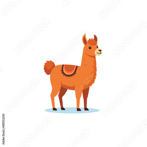 Adorable cartoon llama with fluffy tail and saddle standing patiently on a white background in