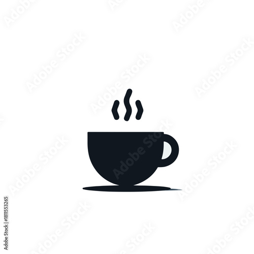 Black coffee icon vector sign in brown cup and saucer with hot steam for morning cafe breakfast beverage