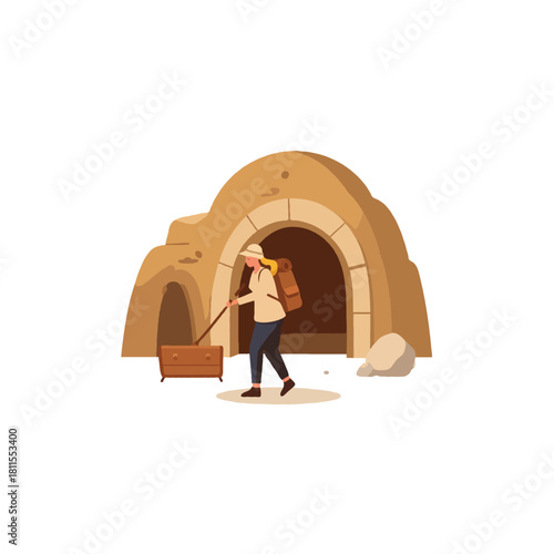 Adventurous explorer pulling wooden chest from desert cave on sun baked journey toward new