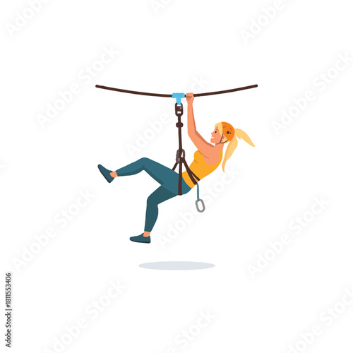 Adventurous woman enjoying a zip line experience, wearing safety gear, and having fun in outdoor