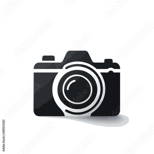 Digital photo camera with lens icon and focus symbol illustration on a white background