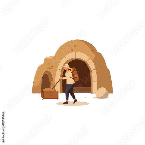 Adventurous woman hauling supplies at an ancient cave dwelling on exploration trip showcasing